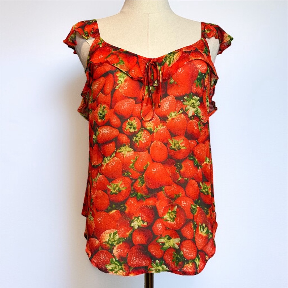 Anthropologie Sheer Strawberry Ruffle Top